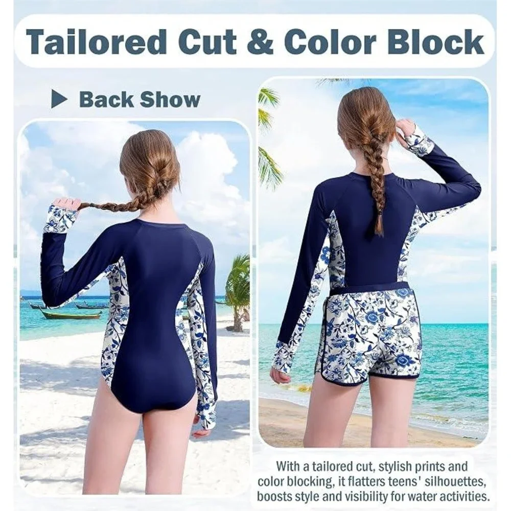Girls Rash Guard Swimsuit Set Navy Blue Floral Long Sleeve UPF 50+ Size 8Y